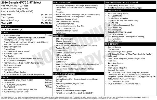 2026 Genesis GV70 2.5T Select